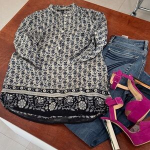 Lucky Brand Blue/White Floral Silk Blouse Sz S